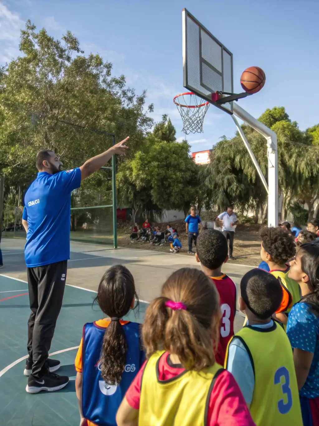 A vibrant image of young children participating in a beginner's handball training session, focusing on fundamental skills and teamwork, set against a backdrop of a sunny outdoor court.