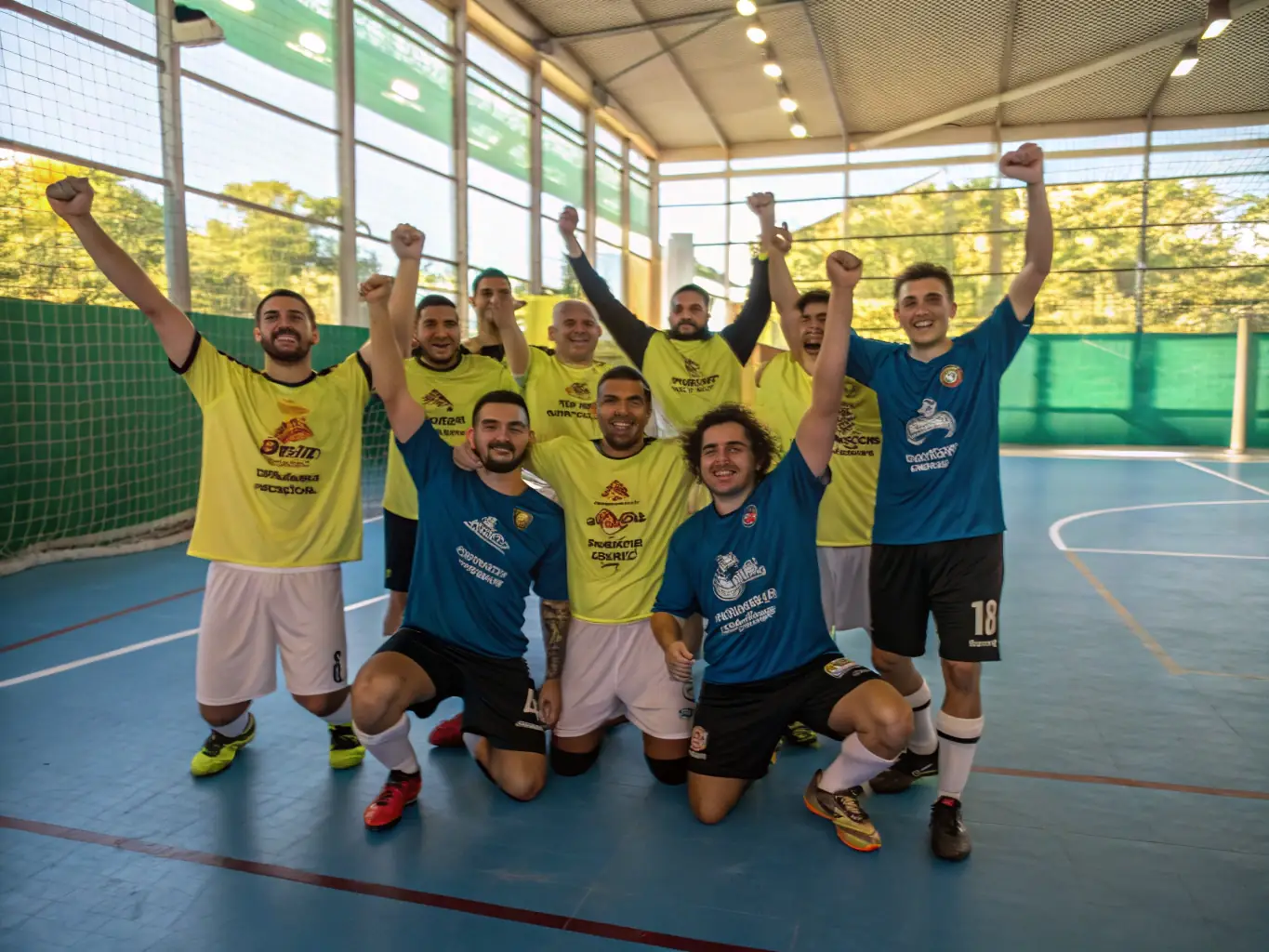 A group of PAYS DES ESSARTS HANDBALL players celebrating a victory, emphasizing the camaraderie and team spirit within the club.
