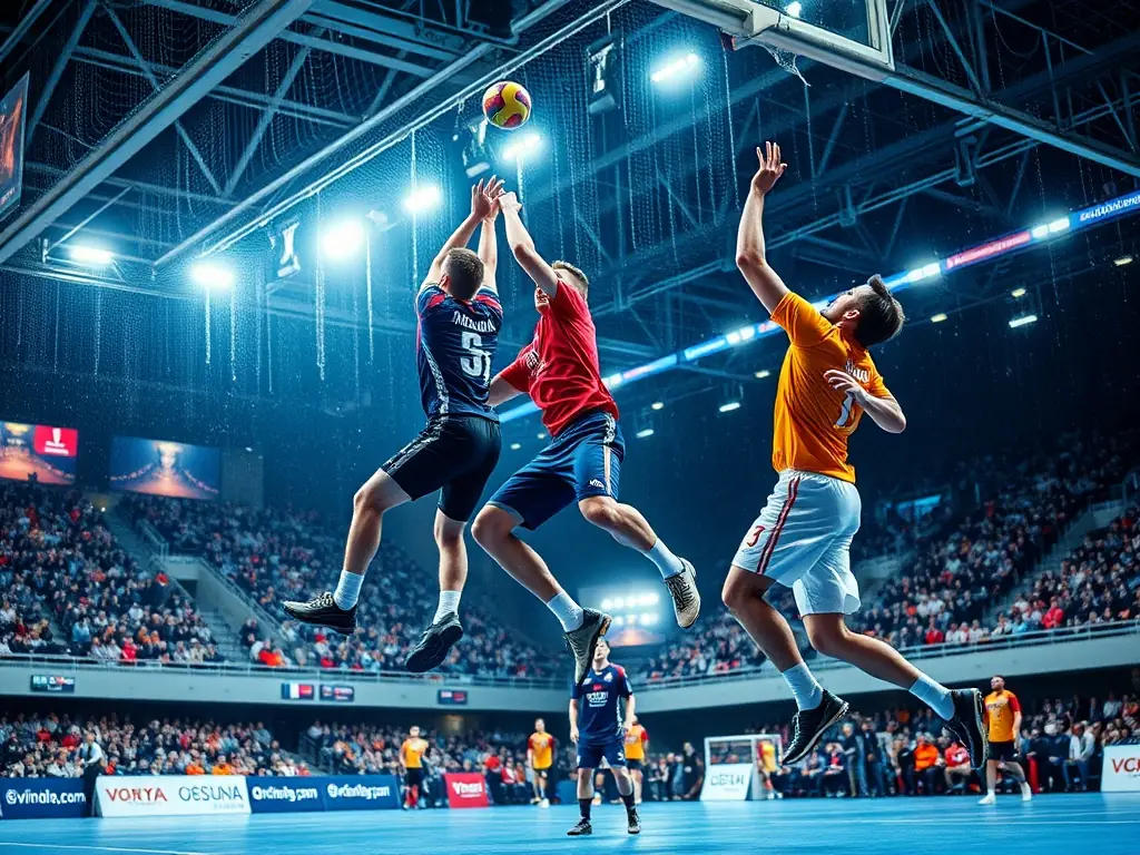 A dynamic shot of handball players in action during a game, showcasing the speed and agility required in the sport.