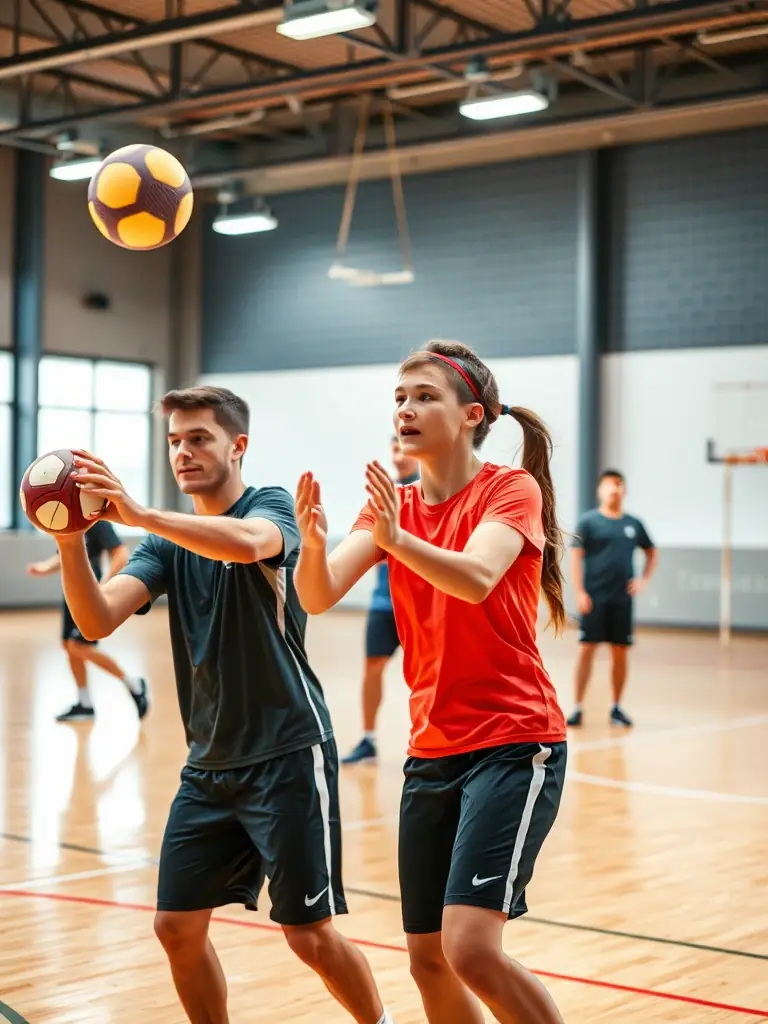 A focused image of adult players practicing advanced handball techniques, emphasizing precision, power, and strategic decision-making during a training session.