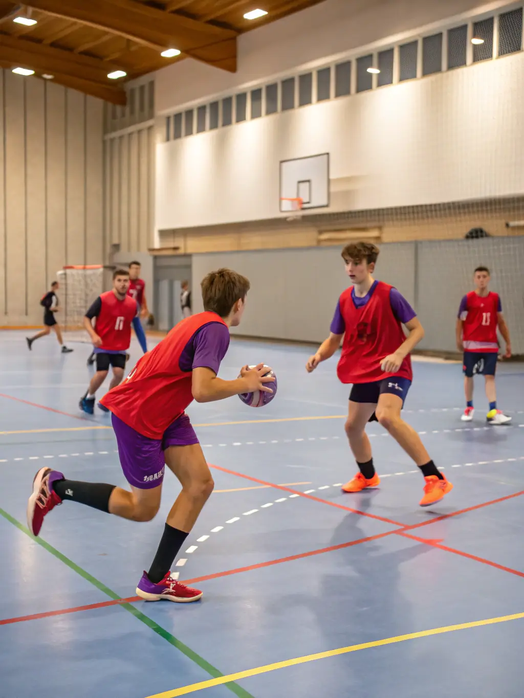 A diverse group of players participating in a mixed-ability handball training session, highlighting inclusivity, skill-sharing, and community engagement within the club.