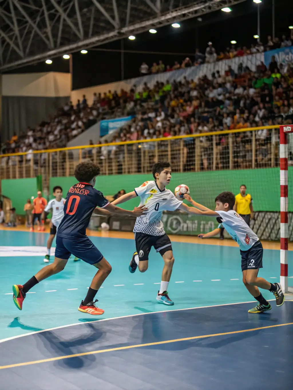 An action shot of teenage players engaged in a fast-paced handball match, showcasing their agility, strategic play, and competitive spirit on an indoor court.